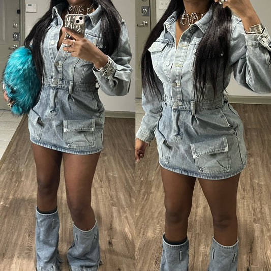 Denim Cargo Dress W/ Denim Leg Warmers